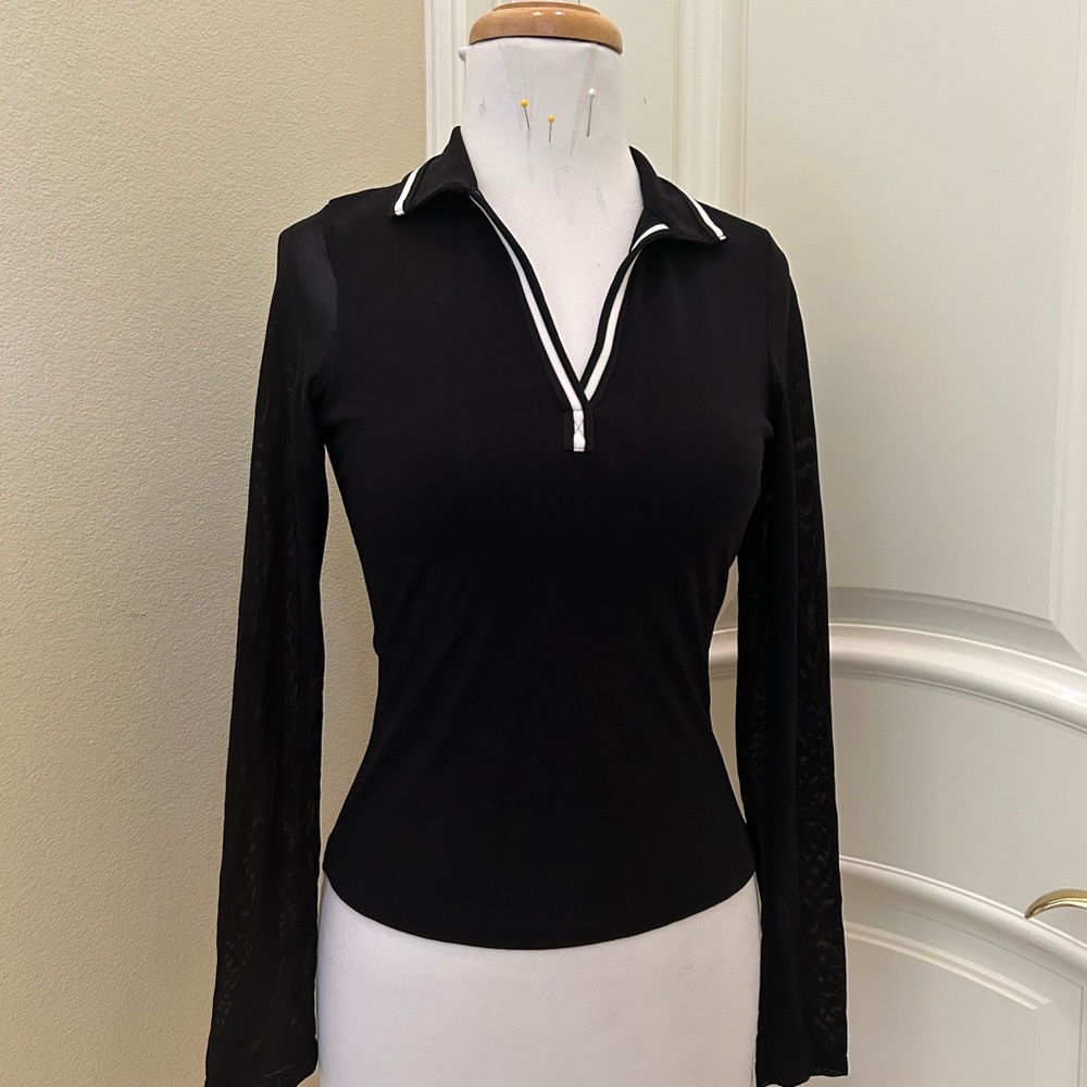 NWT INC petite black stretch top with white trim